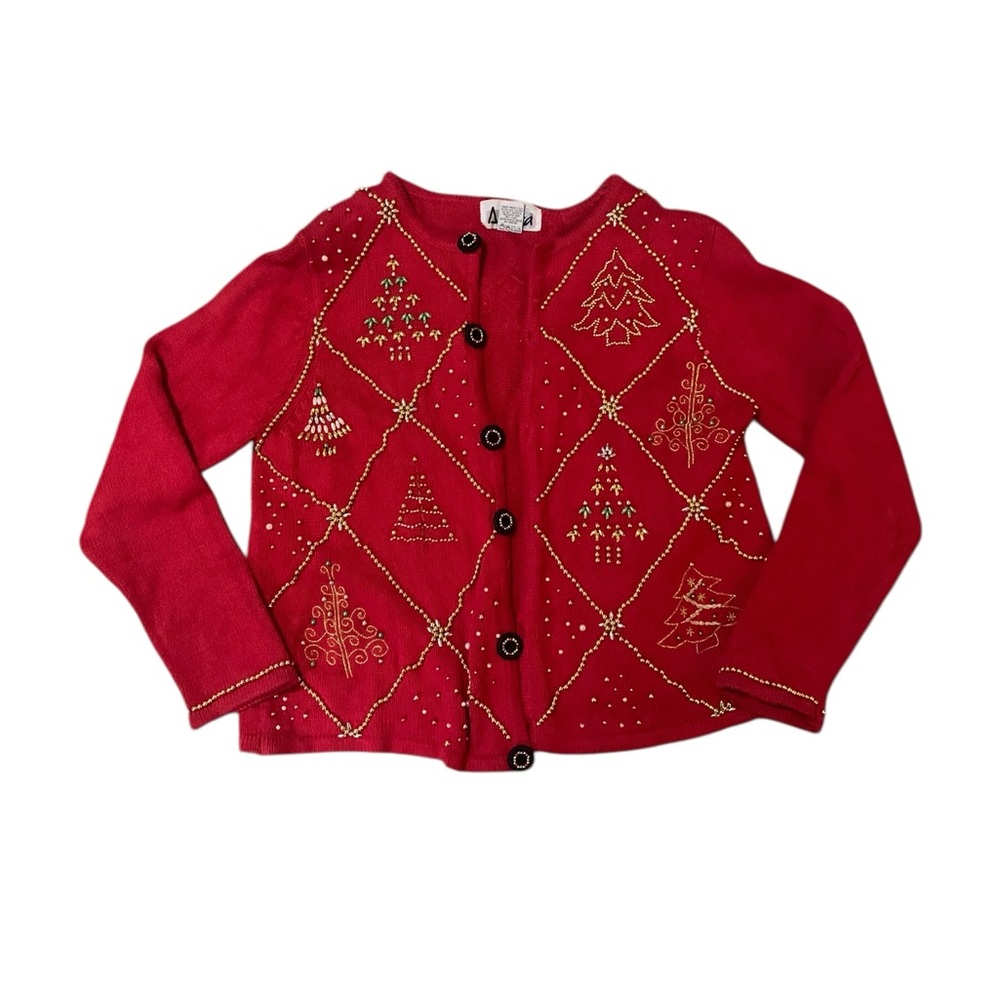 Vintage 90s Red Beaded Christmas Cardigan size M